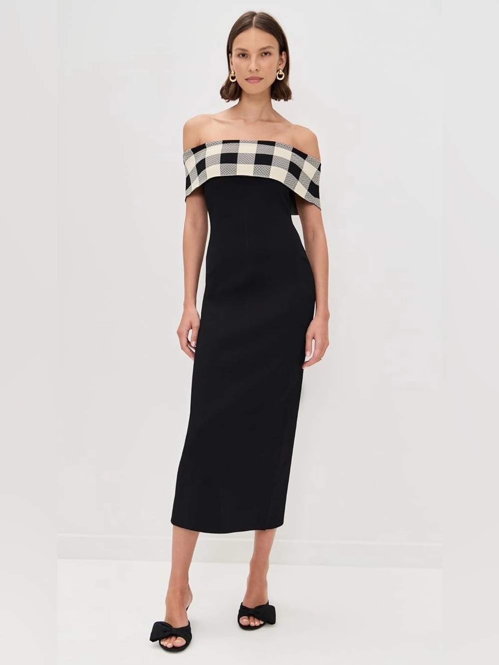 Posse Black One-Shoulder Dress with Cream Checkered Fold